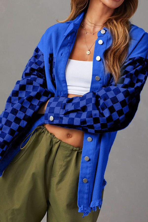 Loose casual in check Contrasting Raw Edge denim jacket