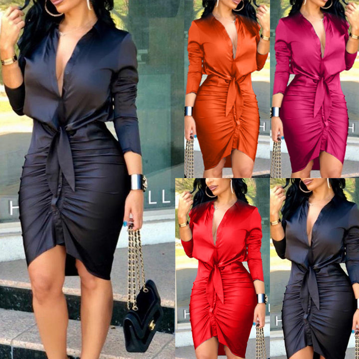 Woman wearing satin midi shirt dress
