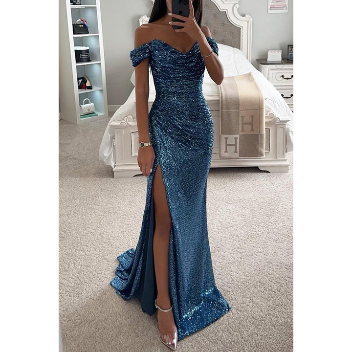 Woman in off-shoulder sequin evening gown