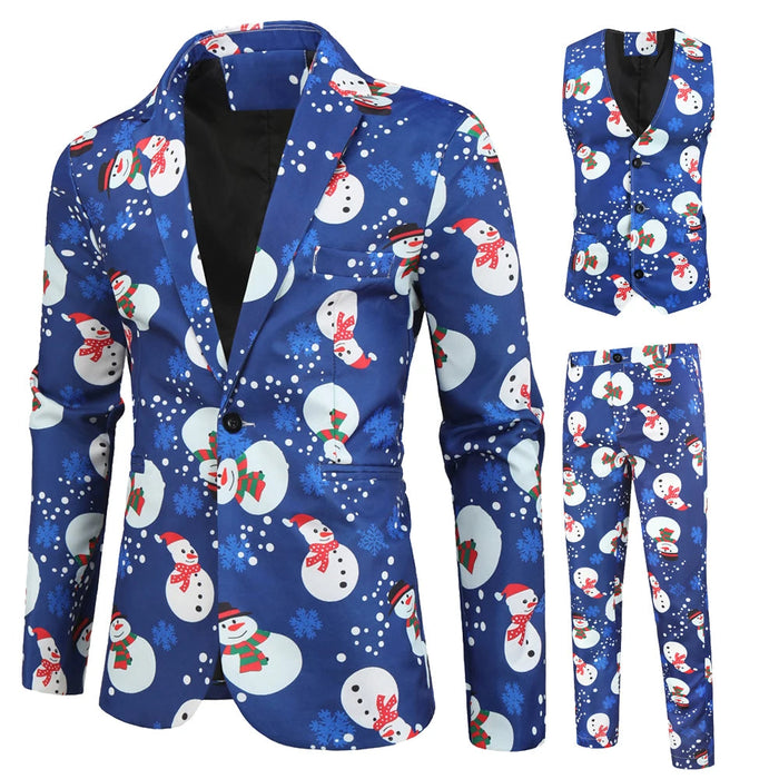 Men's 3-Piece Snowman Print Suit Jacket Waistcoat Trousers