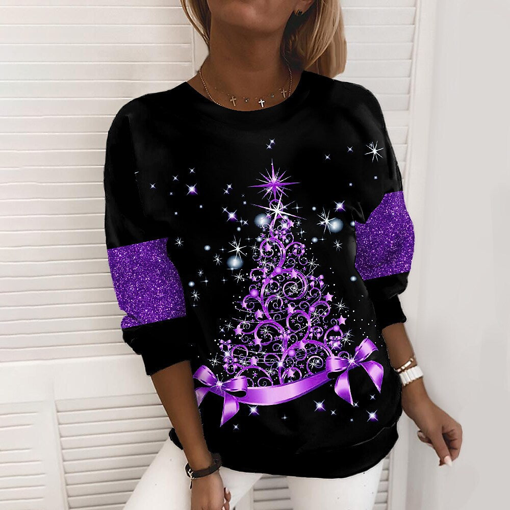 Woman in a glitter print Christmas sweatshirt