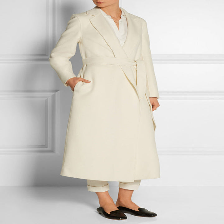 Ladies ankle-length wrap long coat made of wool-cashmere blend with fitted tie belt