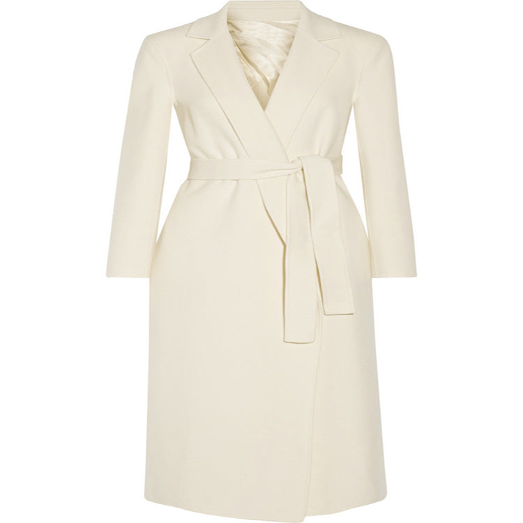 Ladies ankle-length wrap long coat made of wool-cashmere blend with fitted tie belt
