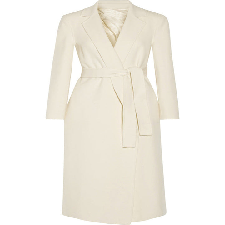 Ladies ankle-length wrap long coat made of wool-cashmere blend with fitted tie belt
