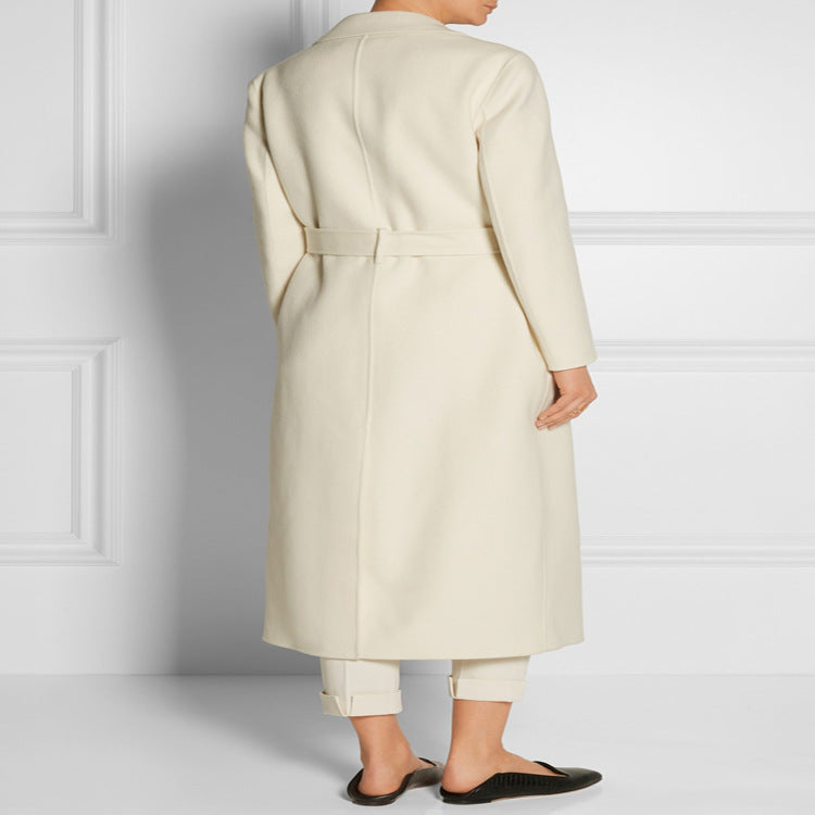 Ladies ankle-length wrap long coat made of wool-cashmere blend with fitted tie belt
