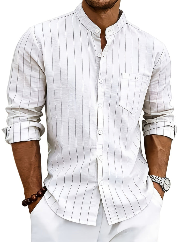 Men's Striped Stand Collar Shirt Long Sleeve Button-Up