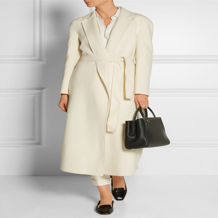 Ladies ankle-length wrap long coat made of wool-cashmere blend with fitted tie belt