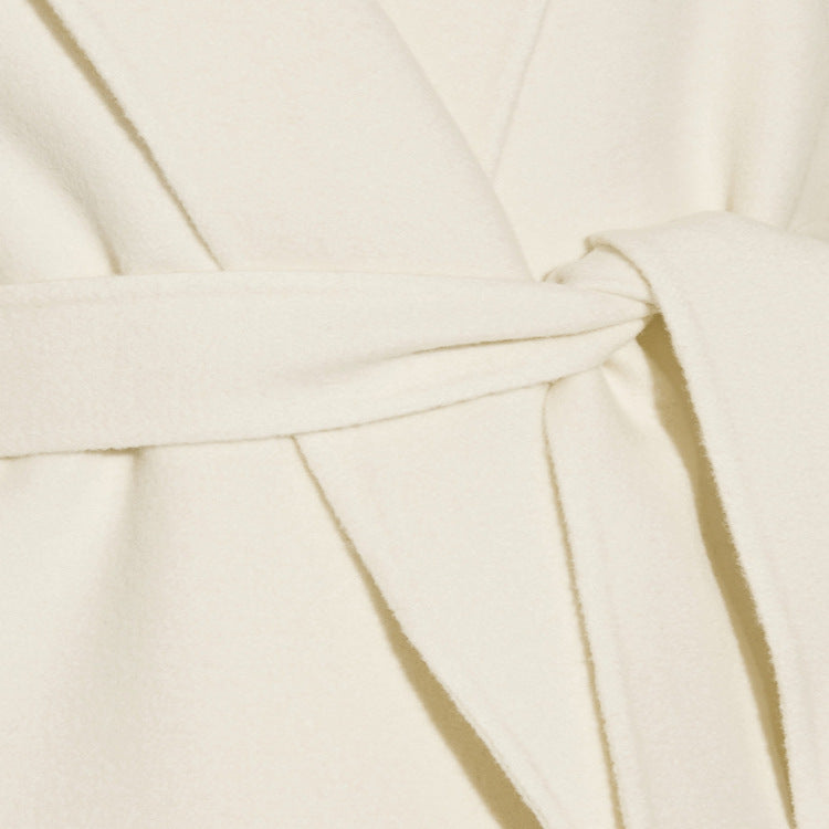 Ladies ankle-length wrap long coat made of wool-cashmere blend with fitted tie belt