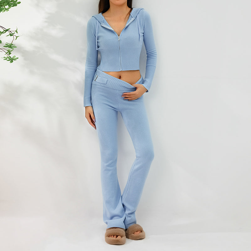 Woman in ribbed knit zip hoodie set