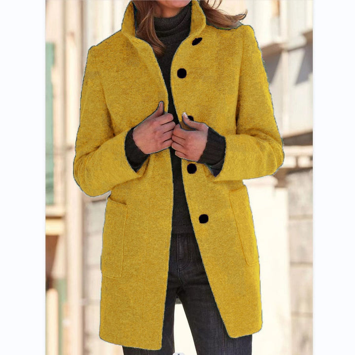 Woman wearing stand collar wool-look coat