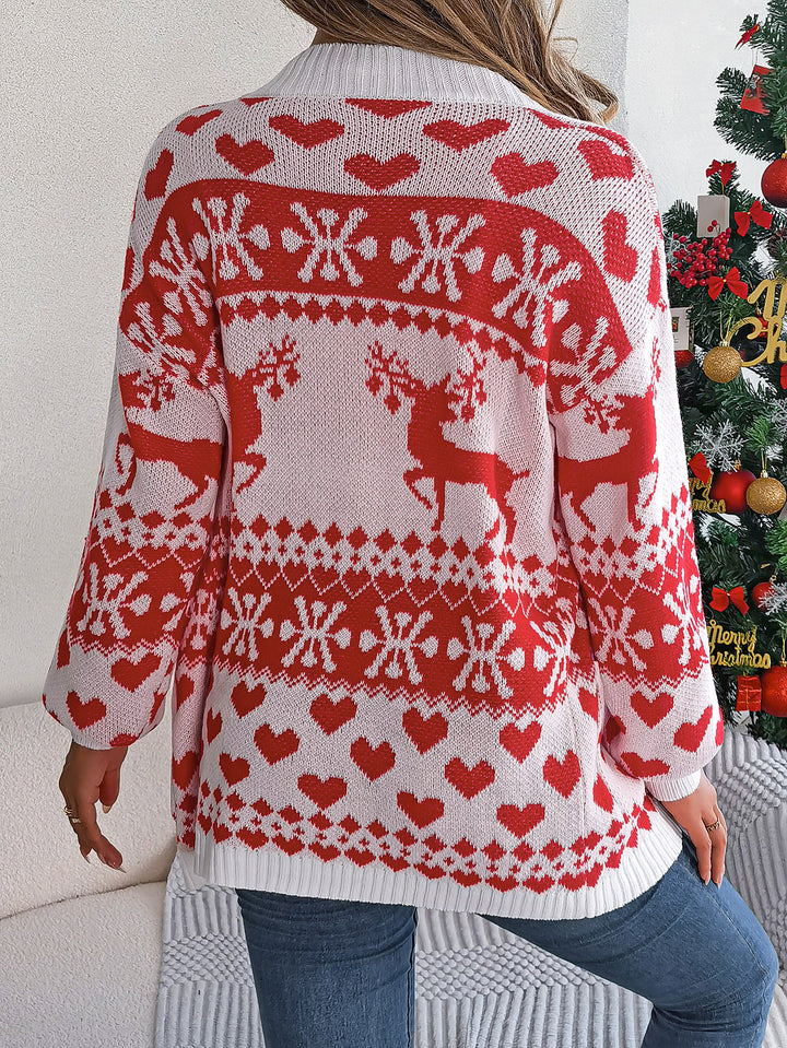 Woman in a reindeer Christmas cardigan
