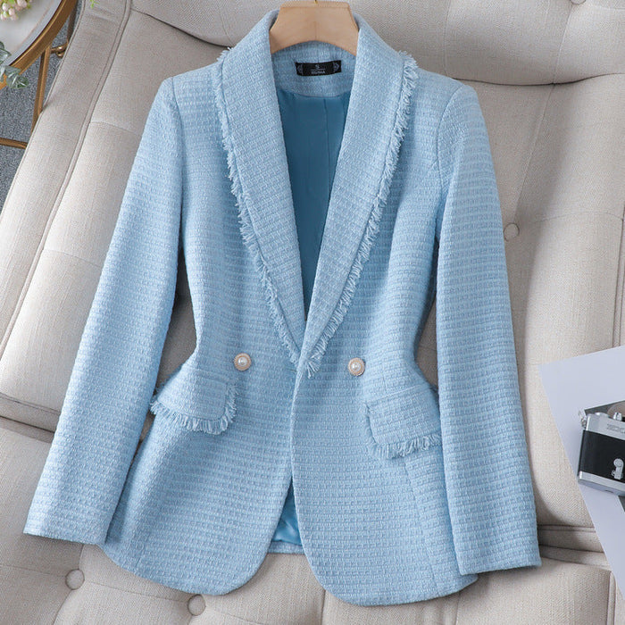 Women's Textured Blazer with Frayed Trim and Double-Button Front