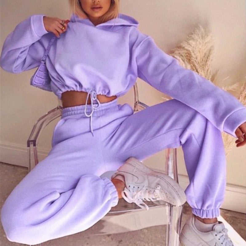 Woman in cropped hoodie and joggers
