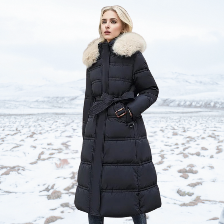 Long jacket winter Puffer design faux Fur hood Tailored Belt warm and insulating