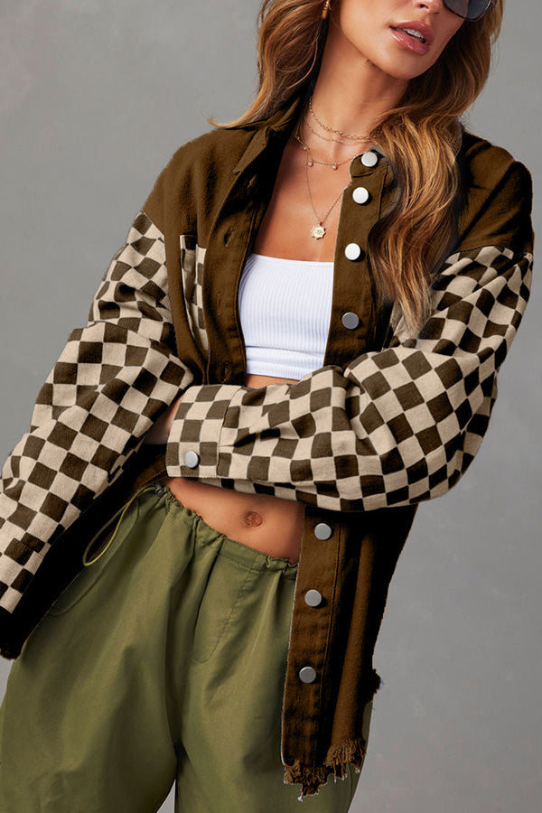 Loose casual in check Contrasting Raw Edge denim jacket