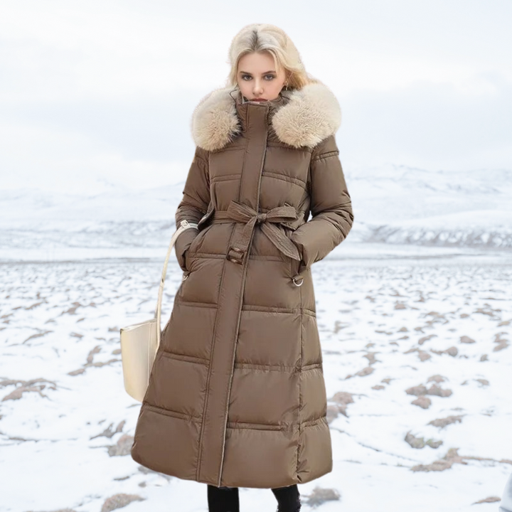 Long jacket winter Puffer design faux Fur hood Tailored Belt warm and insulating