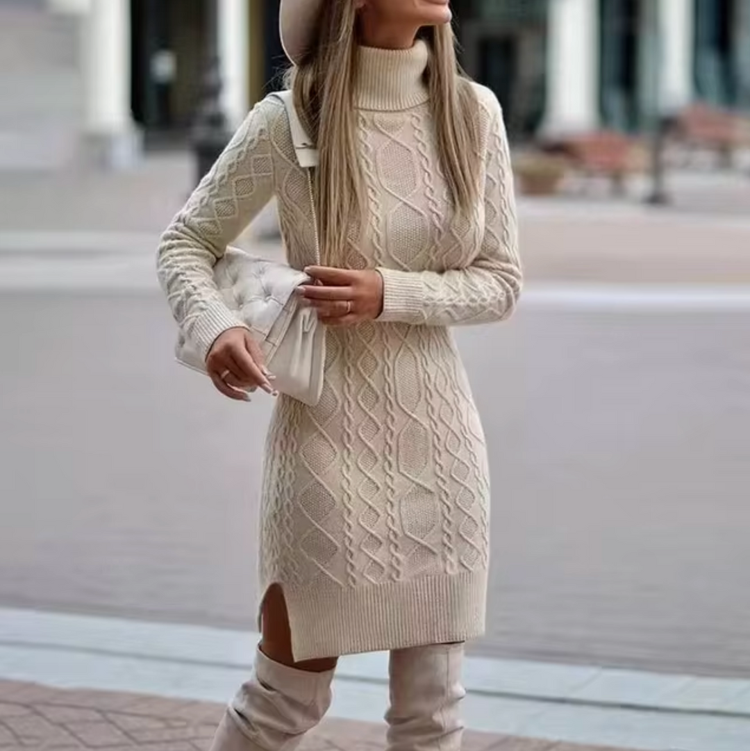 Women's Cable-Knit Turtleneck Jumper Dress with Side Slit