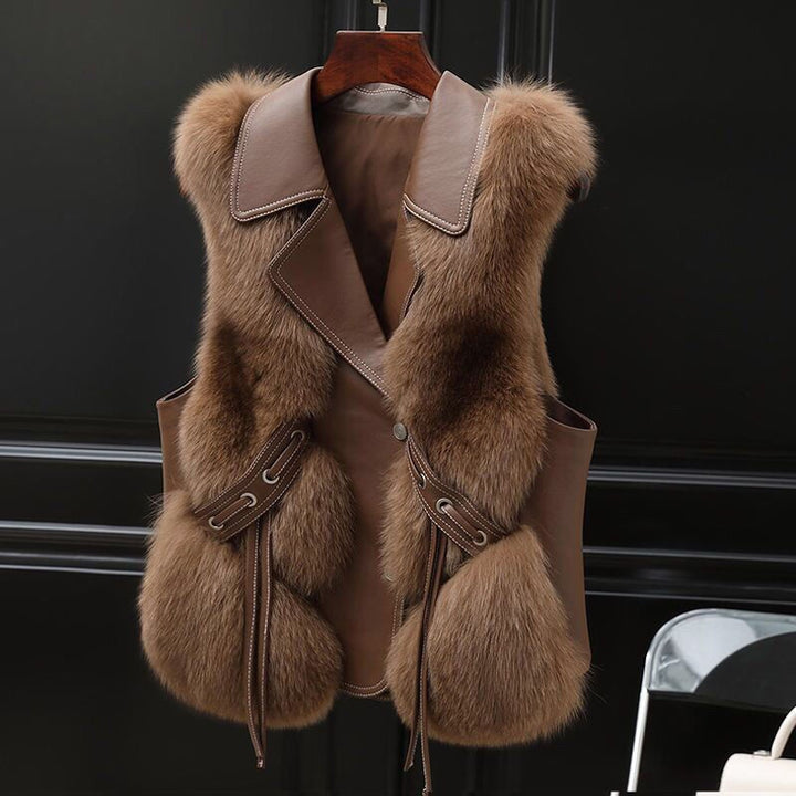 Woman in a short faux fur gilet