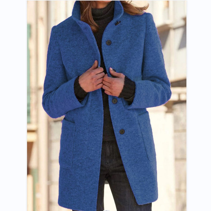 Woman wearing stand collar wool-look coat