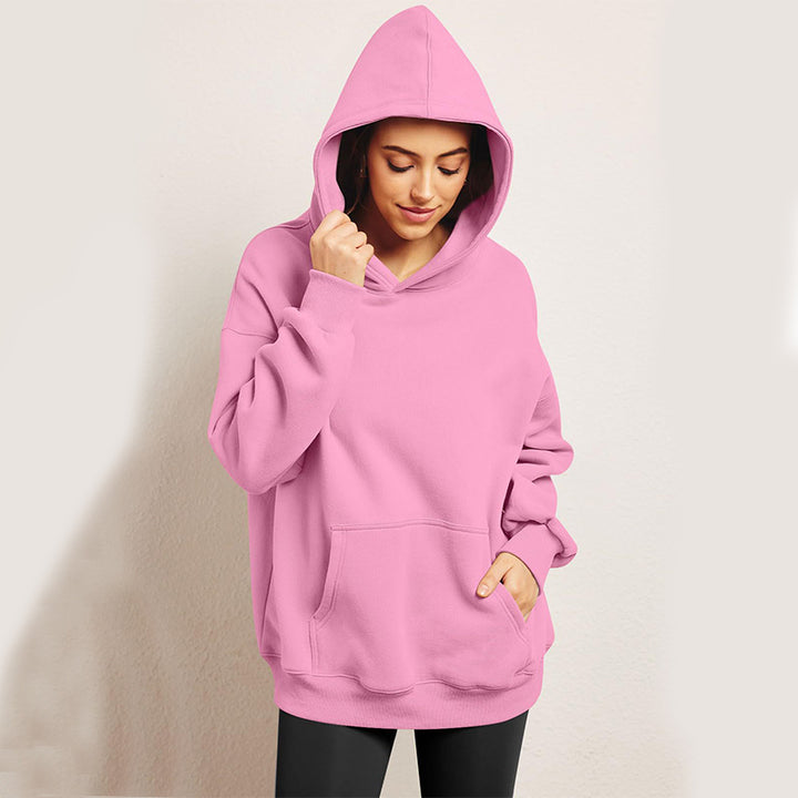 Woman in oversized fleece-lined hoodie