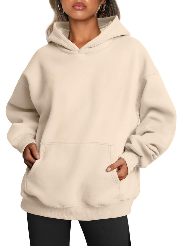 Woman in oversized fleece-lined hoodie