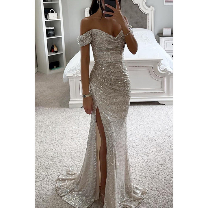 Woman in off-shoulder sequin evening gown