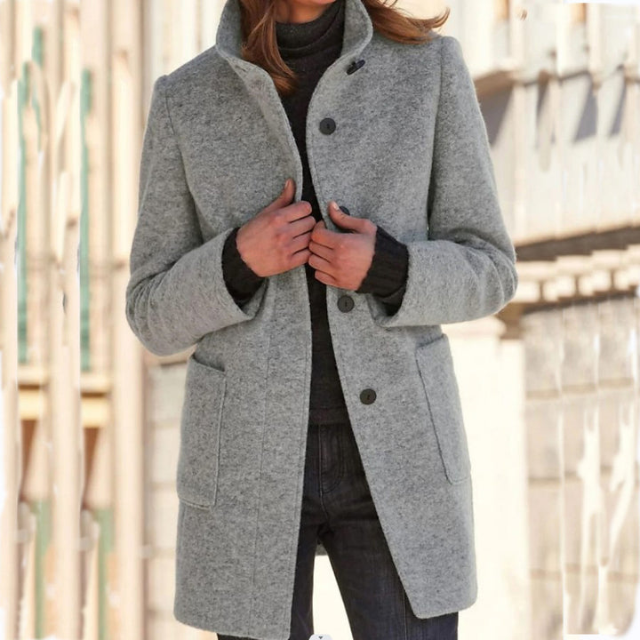 Woman wearing stand collar wool-look coat