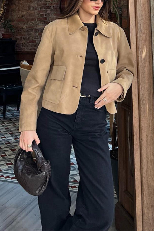 Button closure pocket faux suede Crop jacket