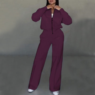 Woman in a zip jacket and wide-leg trousers set