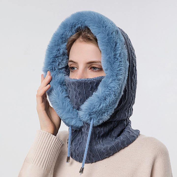 Knitted hood with faux fur trim