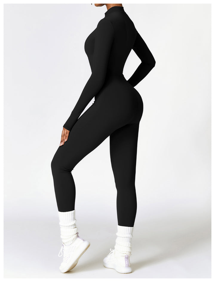 Woman in a zip-front yoga jumpsuit