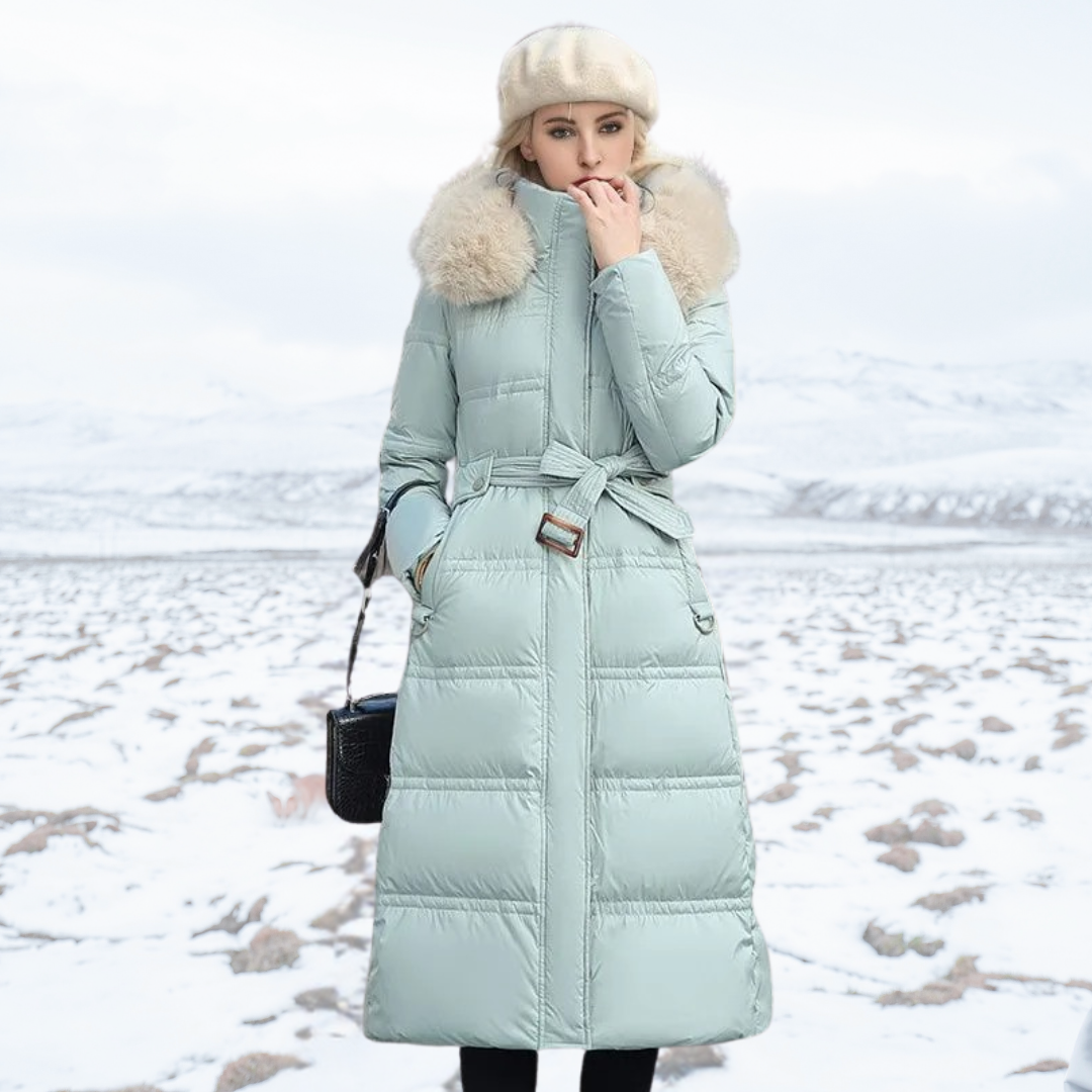 Long jacket winter Puffer design faux Fur hood Tailored Belt warm and insulating