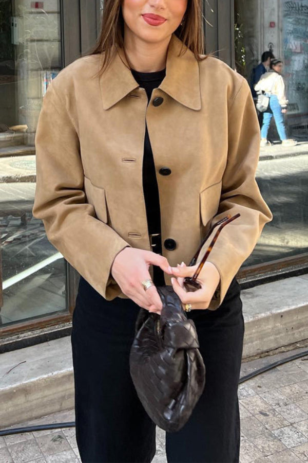 Button closure pocket faux suede Crop jacket