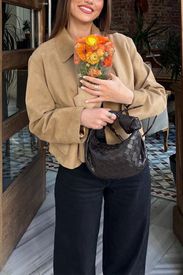 Button closure pocket faux suede Crop jacket