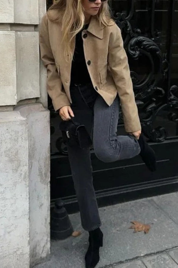 Button closure pocket faux suede Crop jacket
