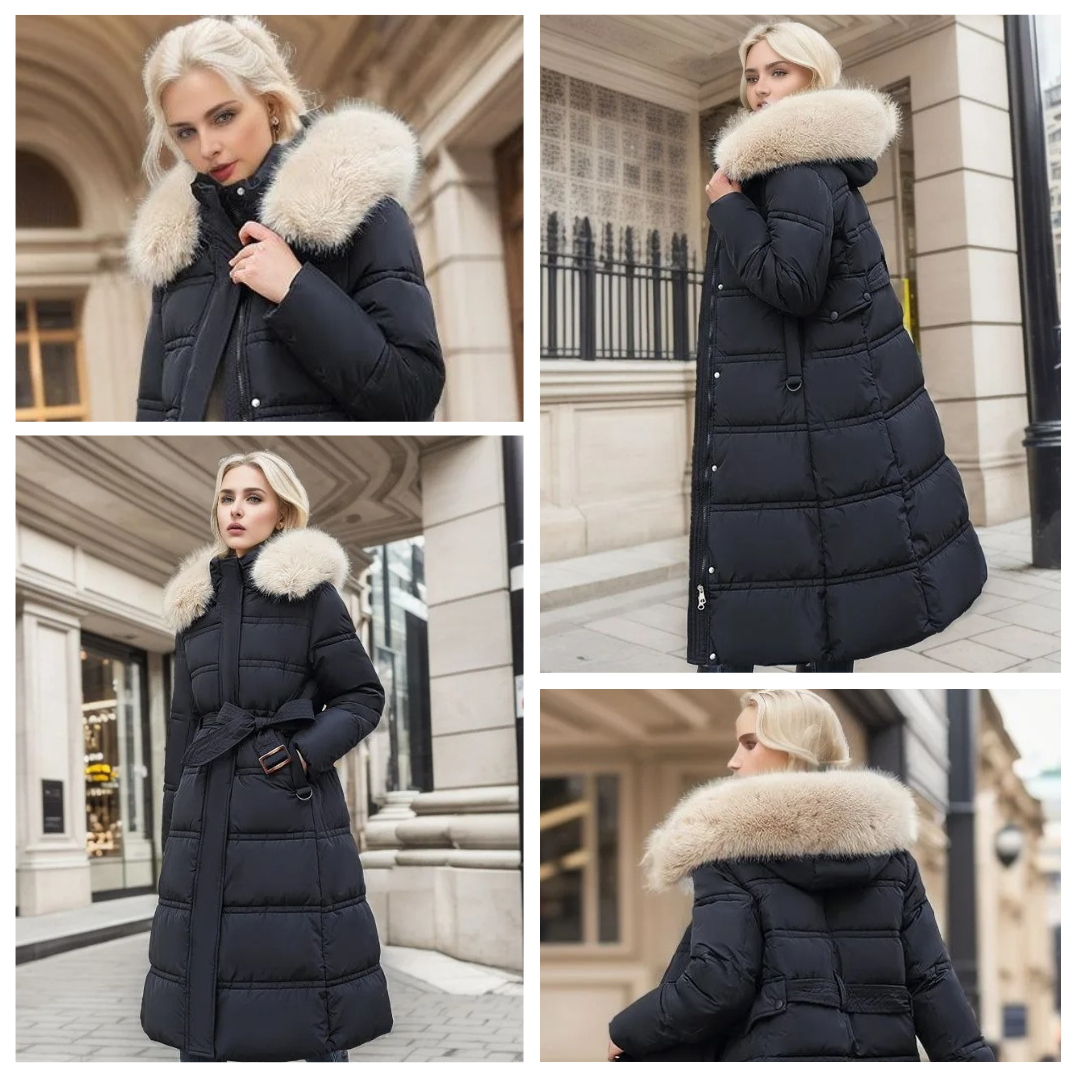 Long jacket winter Puffer design faux Fur hood Tailored Belt warm and insulating
