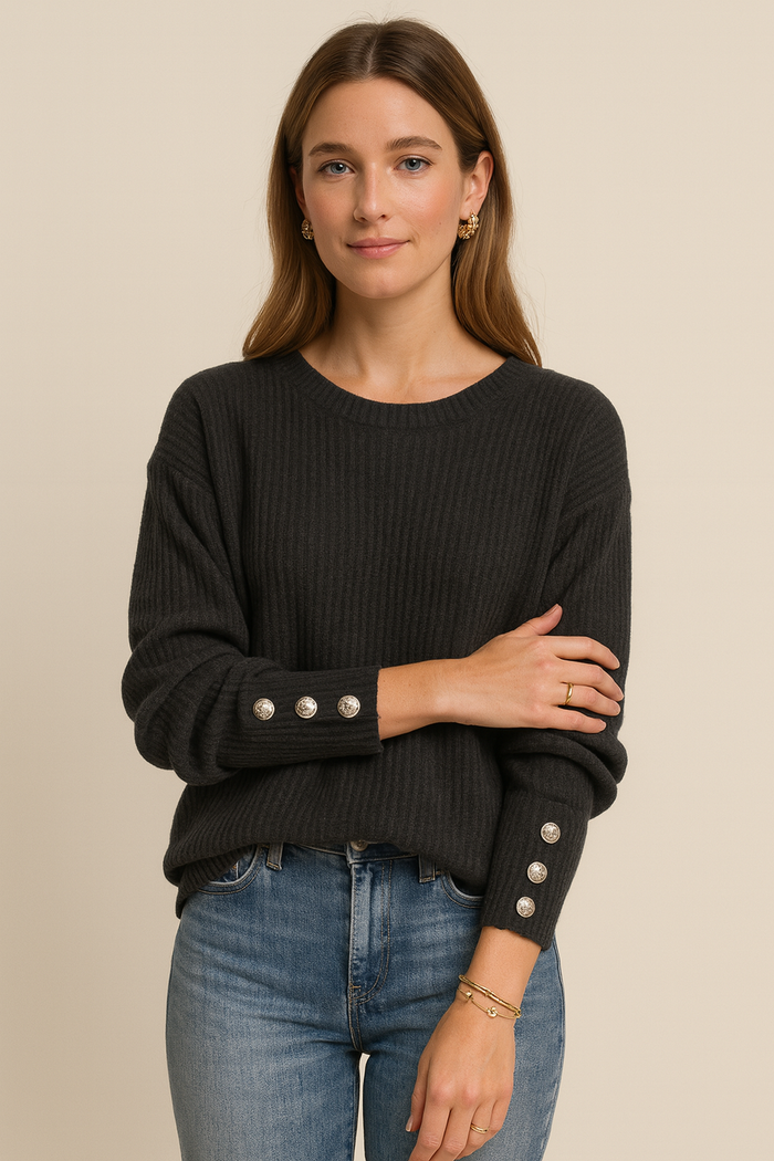 Women's Ribbed Crew Neck Jumper with Button Cuff Detail