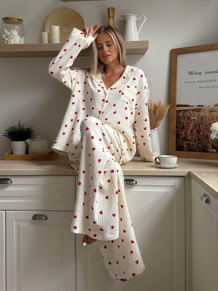 Women's Heart Print Pyjama Set Long Sleeve Button-Up