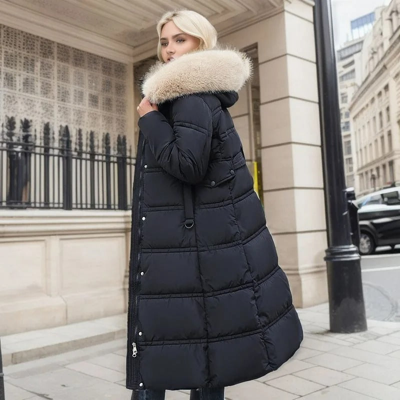 Long jacket winter Puffer design faux Fur hood Tailored Belt warm and insulating