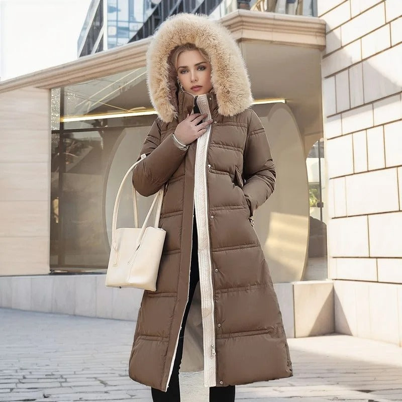 Long jacket winter Puffer design faux Fur hood Tailored Belt warm and insulating