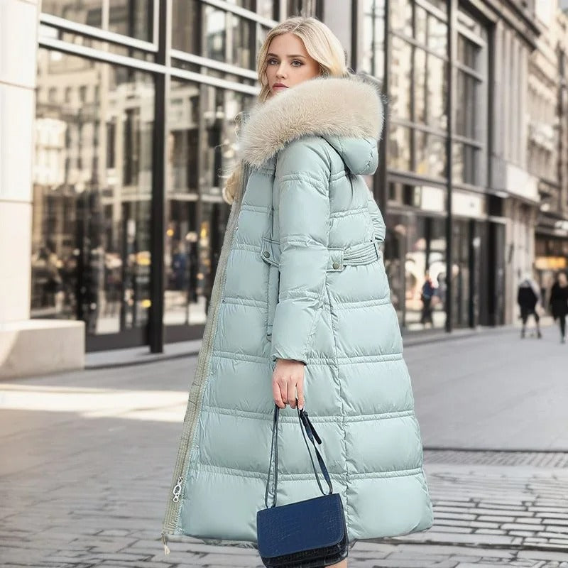 Long jacket winter Puffer design faux Fur hood Tailored Belt warm and insulating
