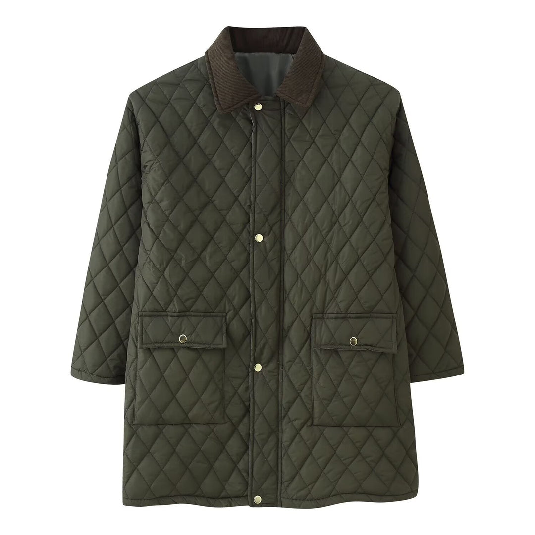 Women’s quilted coat with cord collar, checkered quilting and patch pockets