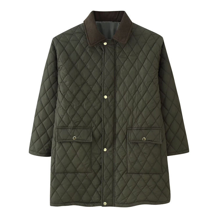 Women’s quilted coat with cord collar, checkered quilting and patch pockets