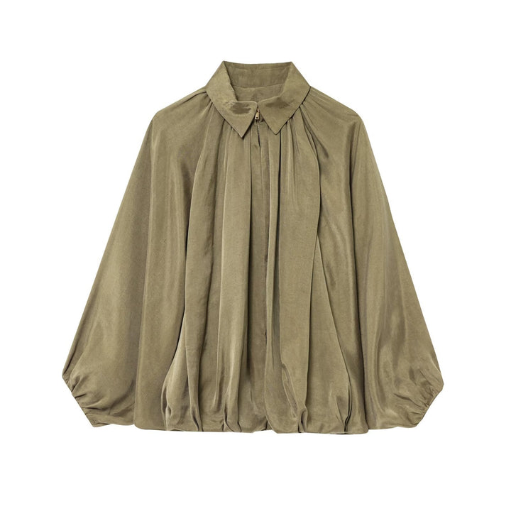 Women Wide Pleated Cape Transitional Jacket with Zip and Balloon-Shaped Hem
