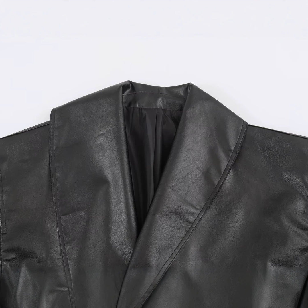 Women Short Oversized Faux Leather Jacket with Wide Shawl Collar and Belt