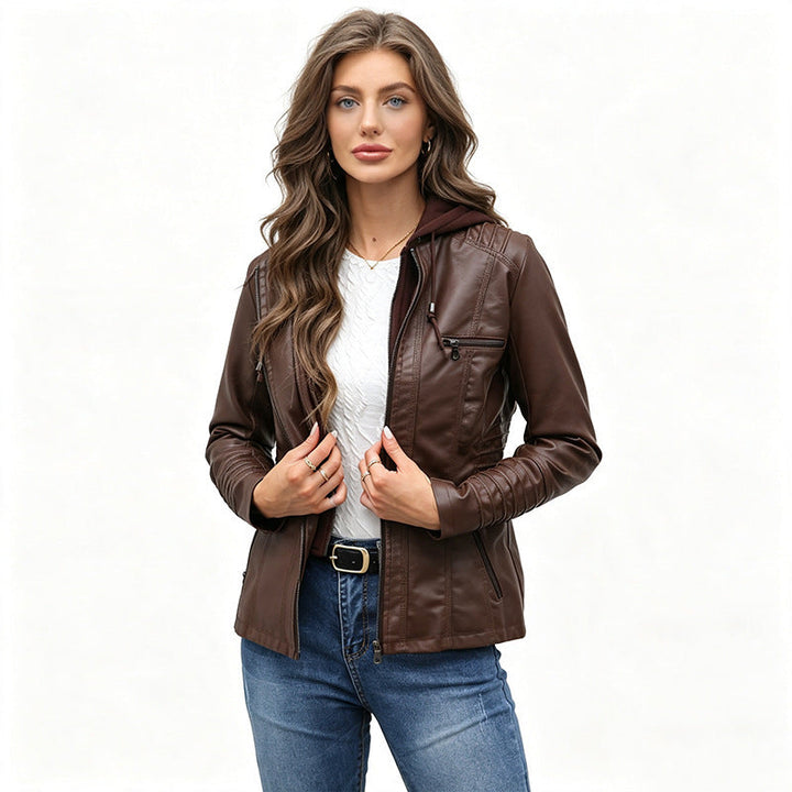 Women Tailored Faux Leather Jacket with Removable Hood and Zip