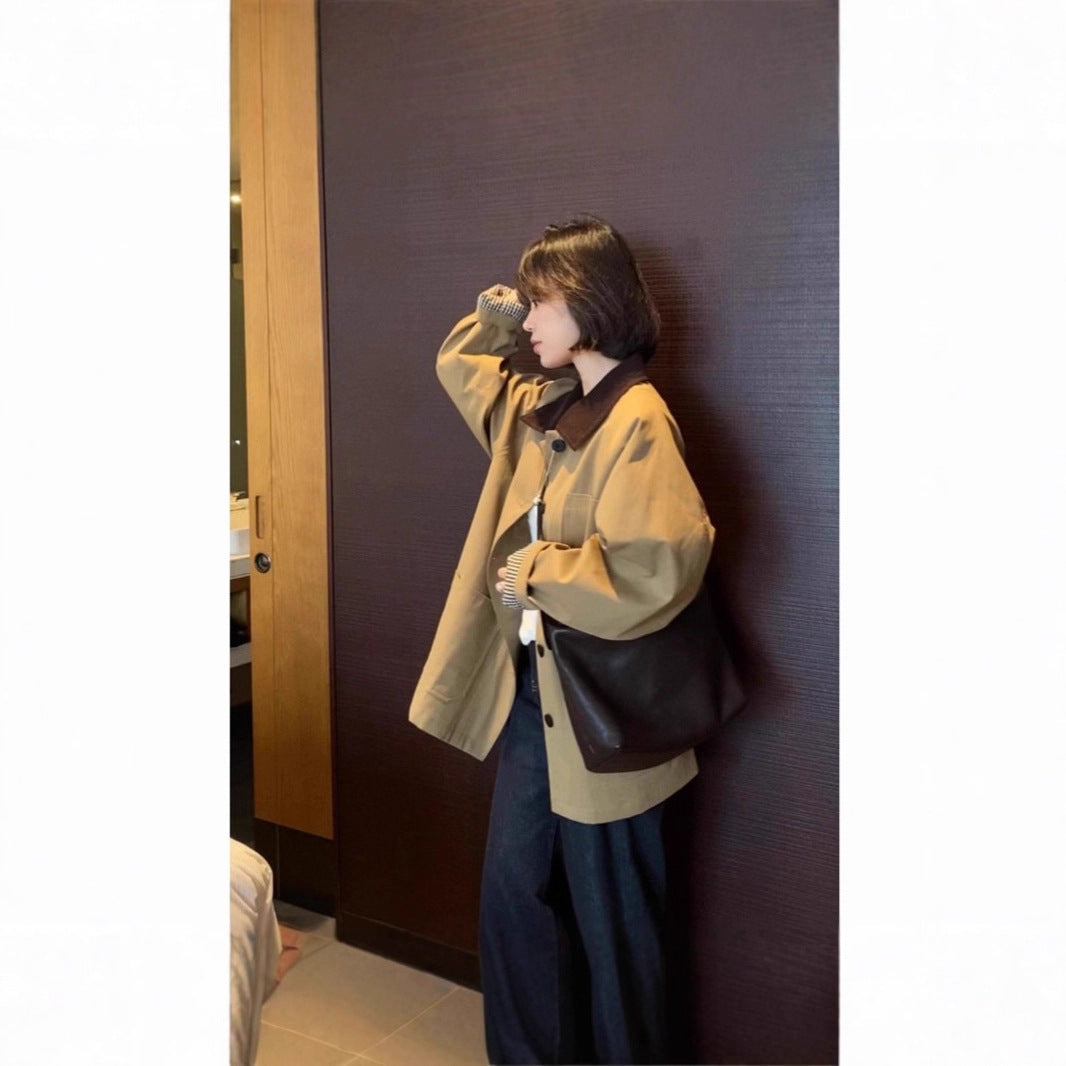 Womens Wide Short Jacket in Cabana Style with Contrast Collar