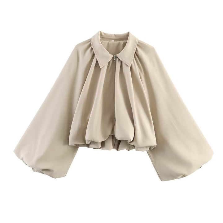 Women’s short jacket with oversized balloon sleeves and zip