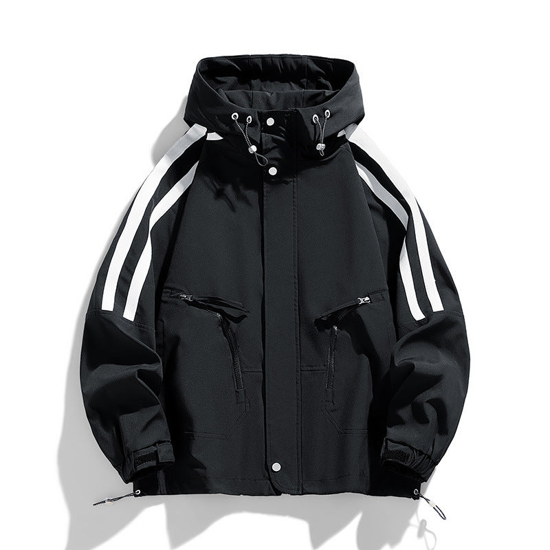 Unisex sporty-urban hooded windbreaker with contrast stripes