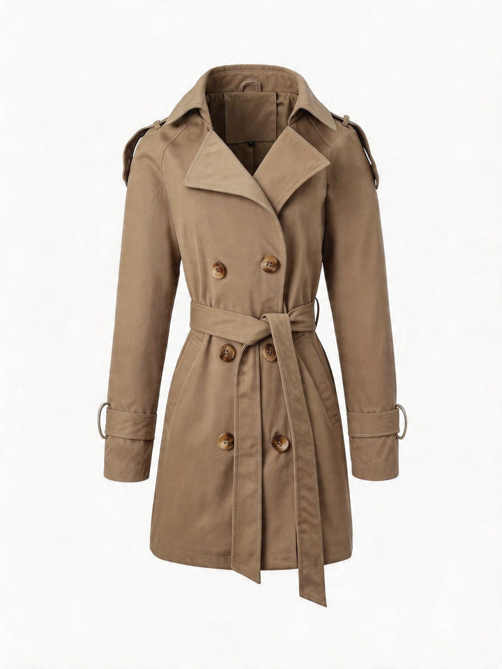Women Tailored Trench Coat with Tied Belt, Shoulder Tabs and Metal Ring Details